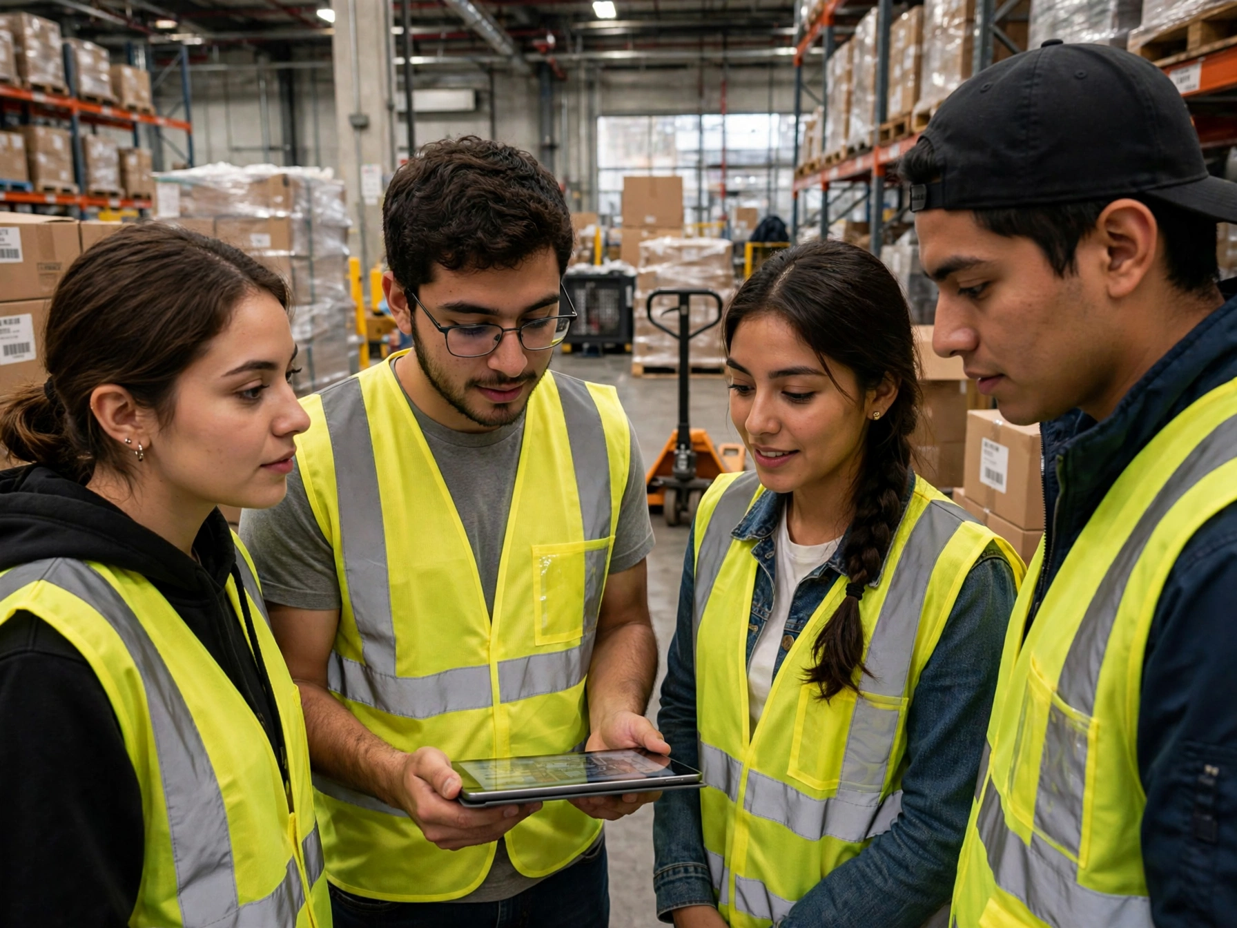 Cuatro jóvenes becarios mexicanos con chaleco amarillo en almacén mirando tablet durante capacitación logística, racks y patín hidráulico al fondo