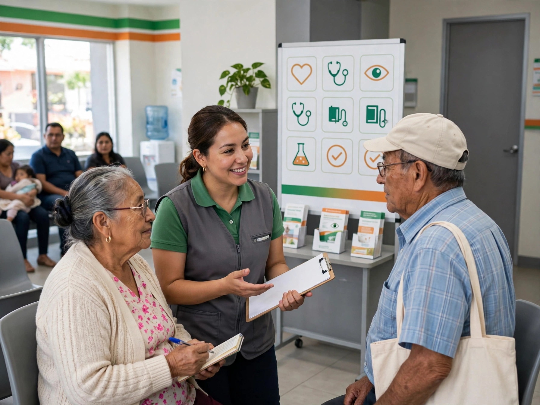 Promotora mexicana de chaleco gris y polo verde atendiendo con tablilla a pareja de adultos mayores en sala de espera de clínica, con panel de iconos de servicios de salud