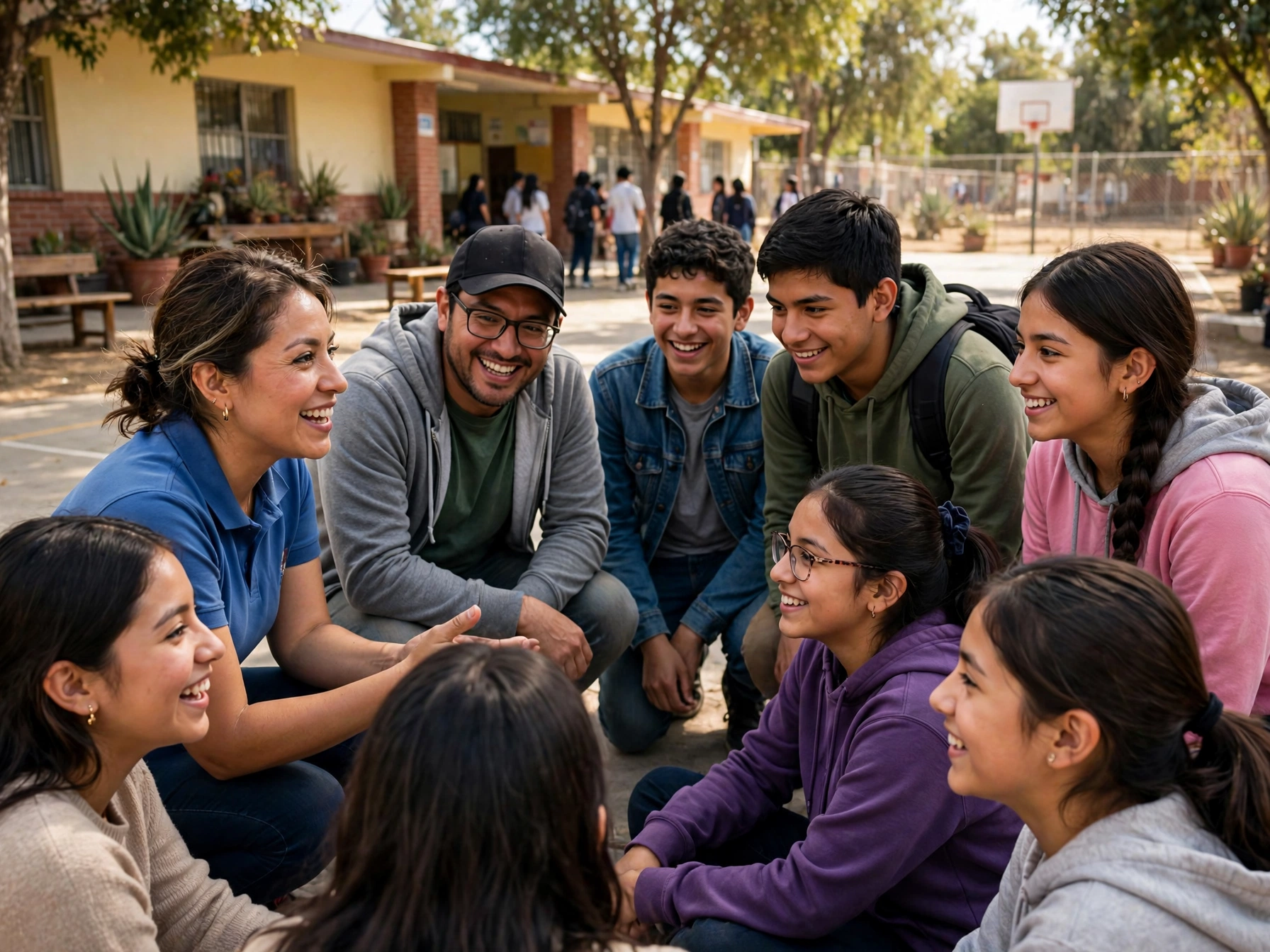 Promotores de prevención de CIJ dialogando con jóvenes en patio escolar