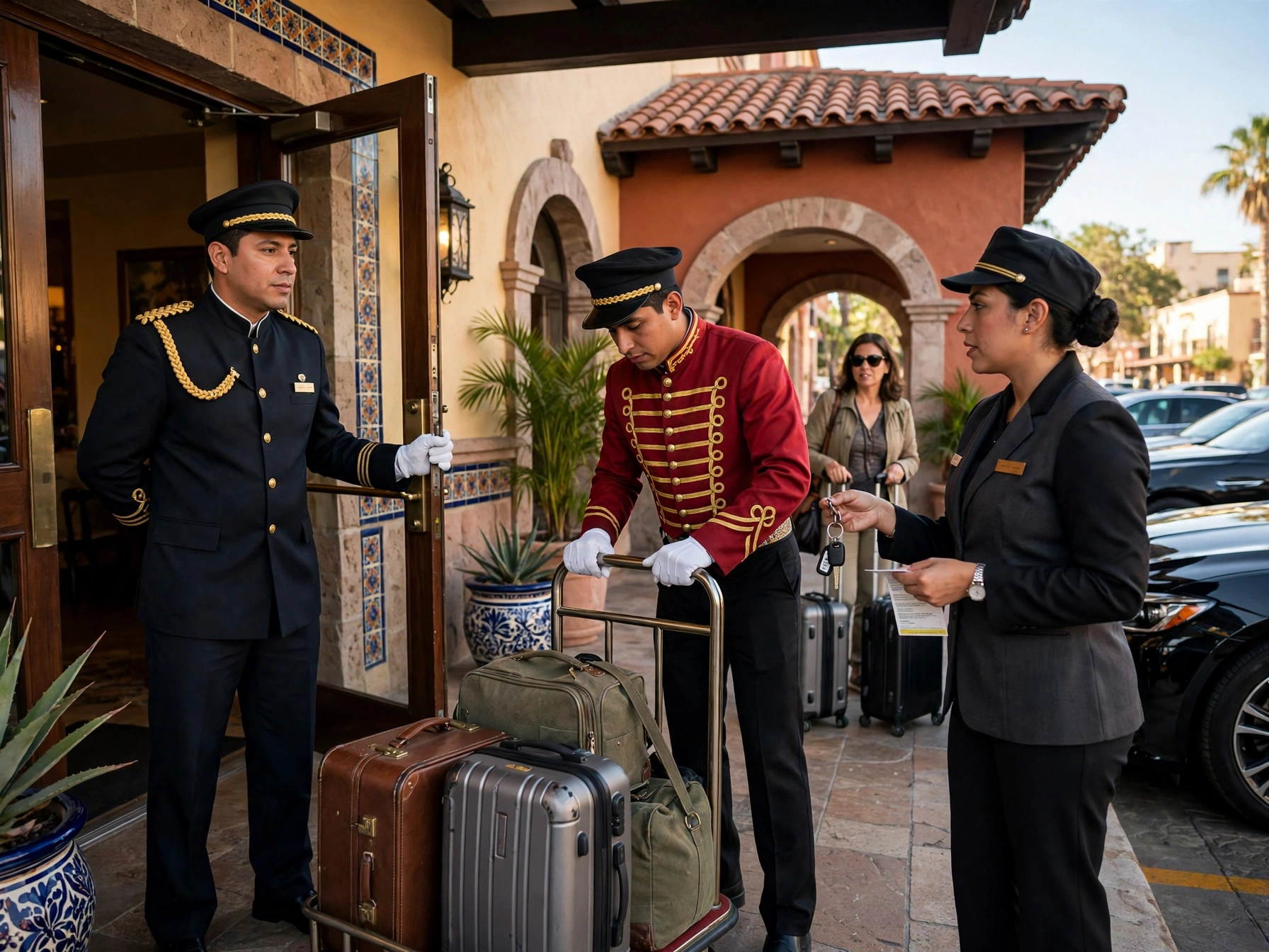 Equipo de hotel mexicano en entrada colonial: portero de uniforme negro abriendo puerta, botones con chaqueta roja y carrito de maletas, y valet mujer entregando llaves de auto a huésped