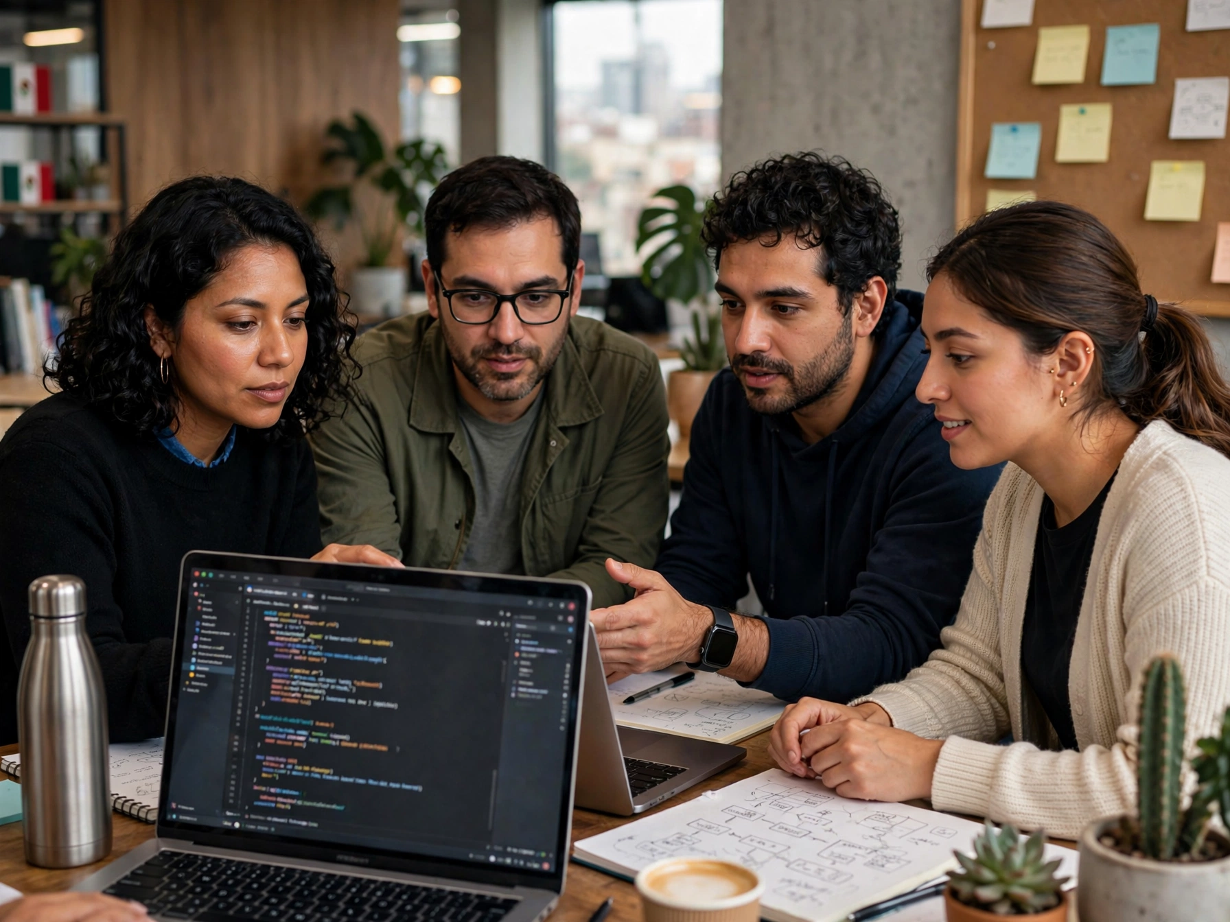 Quién construye la app de Nu, equipo mexicano de tecnología colaborando, cuatro ingenieros revisando código en laptop con diagramas de flujo, plantas y tablero con notas en oficina de Polanco