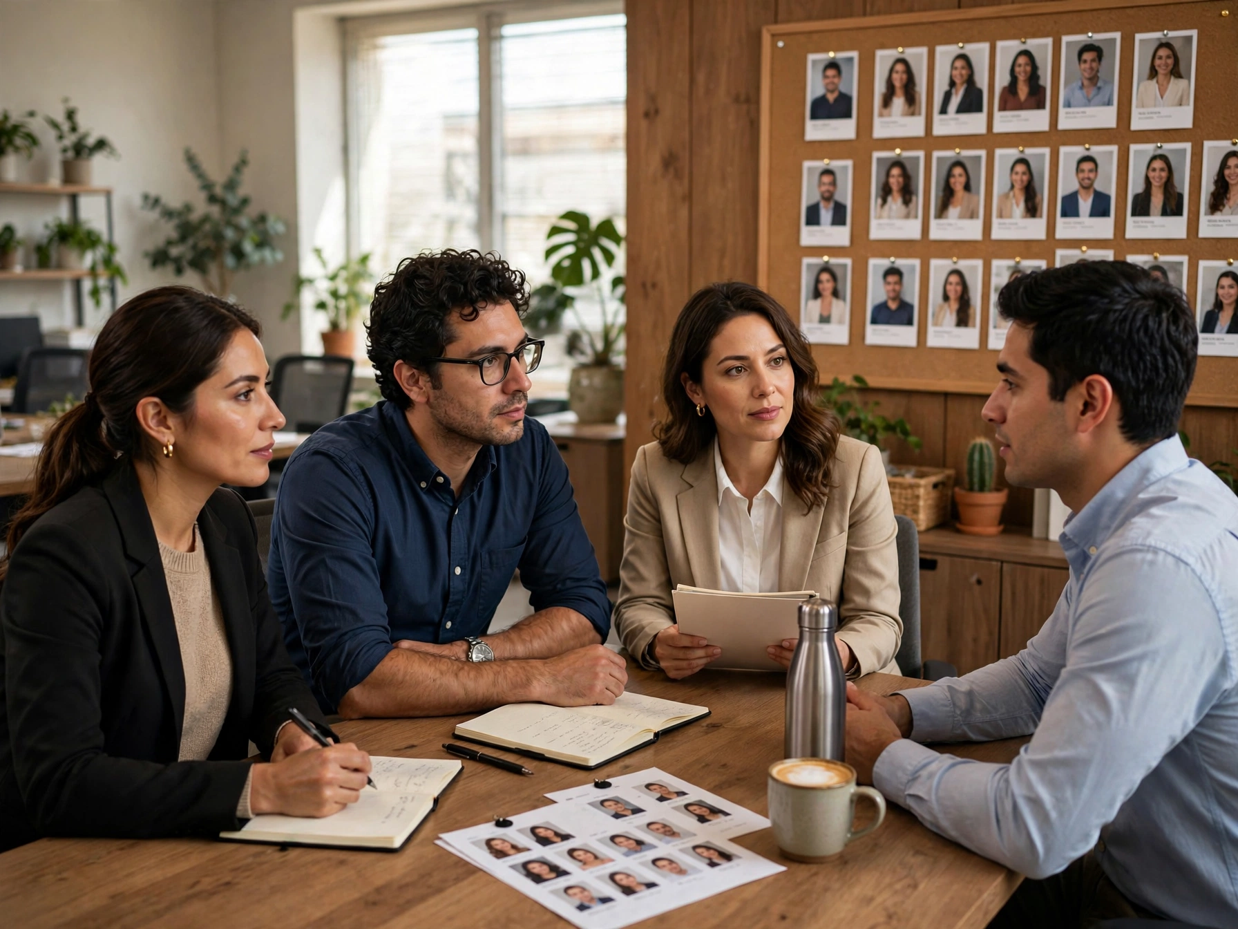 Tres personas entrevistando a un candidato alrededor de una mesa de madera, con hojas de fotos de perfiles sobre la mesa y un tablón con retratos al fondo