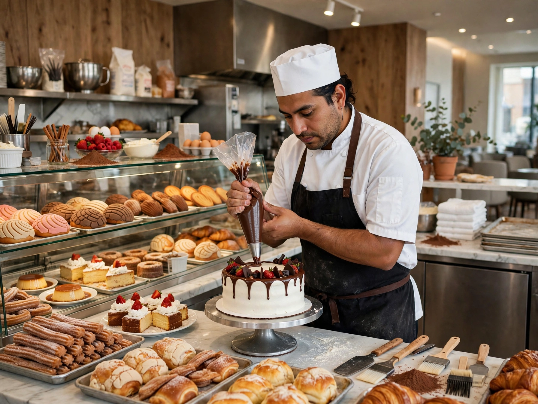 Repostero mexicano con gorro blanco y delantal negro decorando pastel de chocolate con fresas usando manga pastelera, rodeado de conchas, churros, flanes y pan dulce mexicano en vitrina