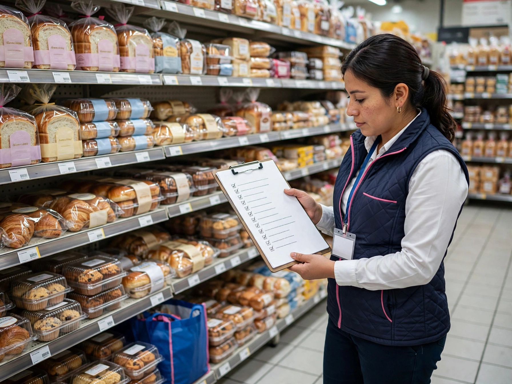 Mujer con chaleco azul marino y credencial revisando una lista en tabla sujetapapeles frente a estantes llenos de pan empaquetado y bollería