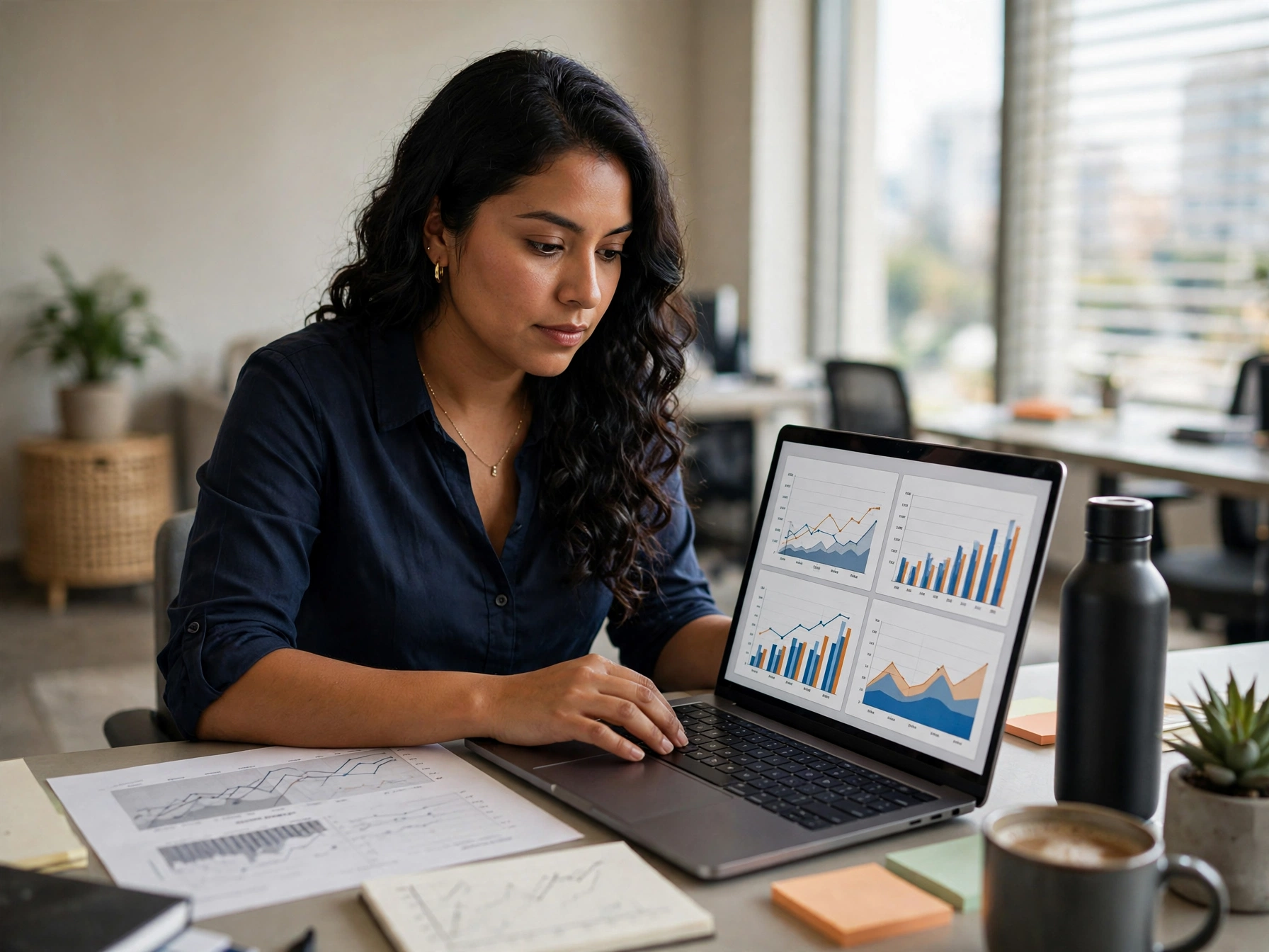 Mujer mexicana especialista en revenue management sentada en un escritorio de oficina de hotel Marriott analizando en su laptop gráficos de precios, ocupación y demanda con líneas de tendencia y barras comparativas, con reportes impresos, libreta con anotaciones y notas adhesivas de colores sobre la mesa