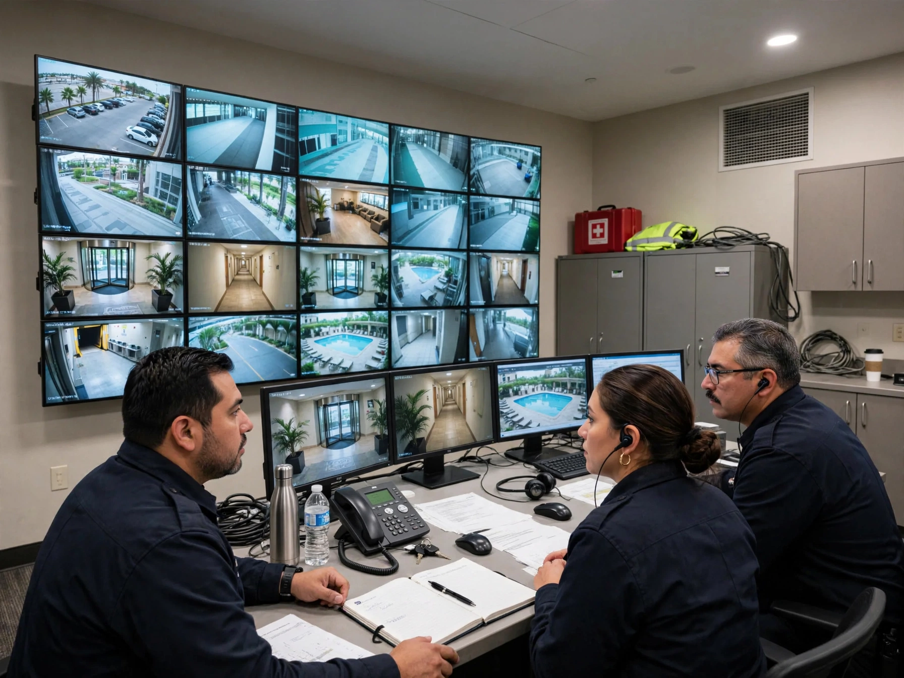 Tres colaboradores mexicanos del área de seguridad y prevención de pérdidas en uniforme azul marino, en una sala de control de un hotel Marriott frente a un muro con veinte monitores de videovigilancia que muestran pasillos, alberca, estacionamiento y lobby, revisando bitácoras, radios y teléfonos durante un turno de monitoreo de instalaciones