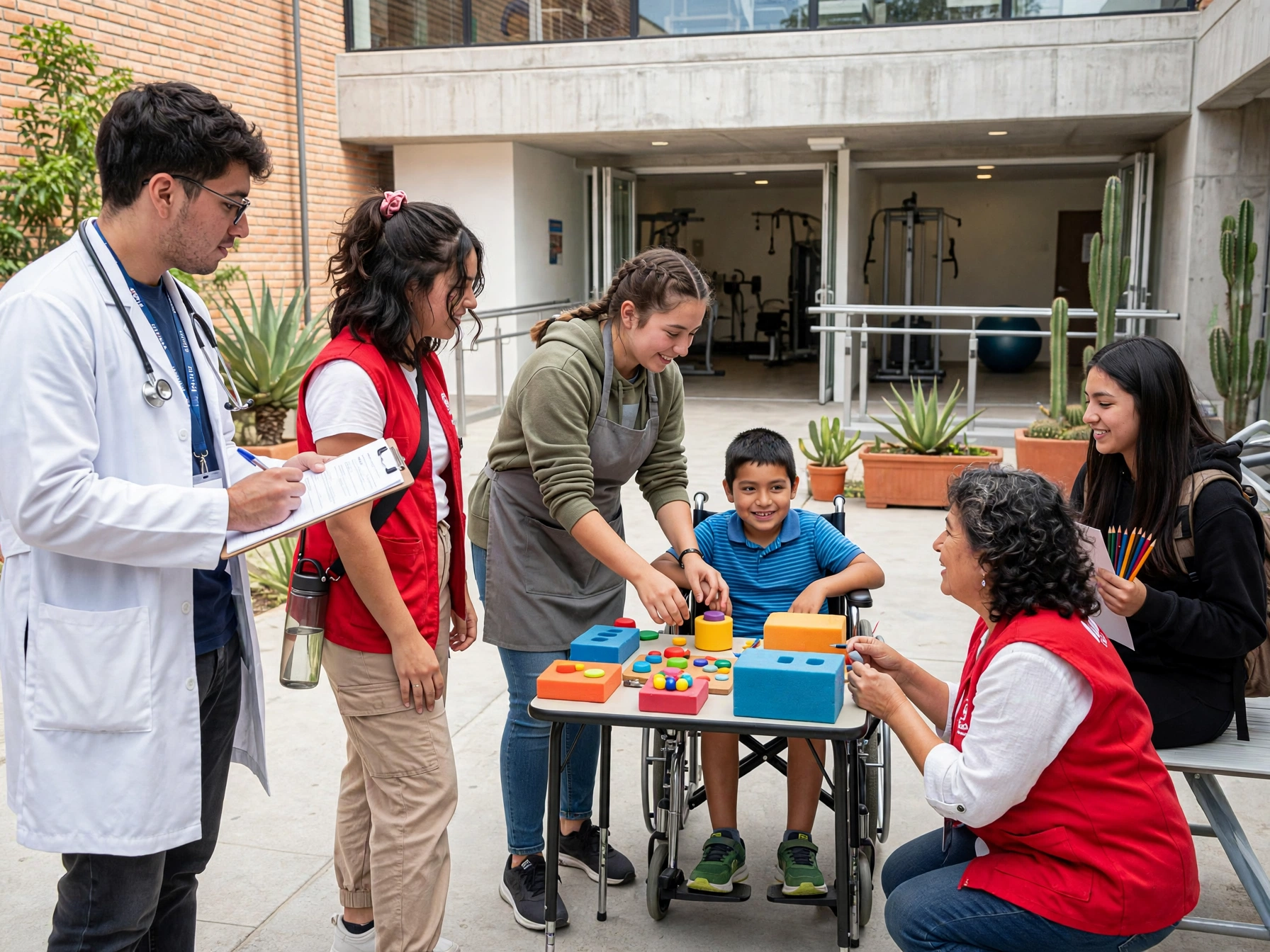 Grupo mexicano de servicio social, prácticas y voluntariado en Teletón en patio exterior, estudiante de medicina con bata tomando notas, voluntarias con chalecos rojos apoyando a niño en silla de ruedas con juegos didácticos de colores, junto a cactus y equipo de rehabilitación