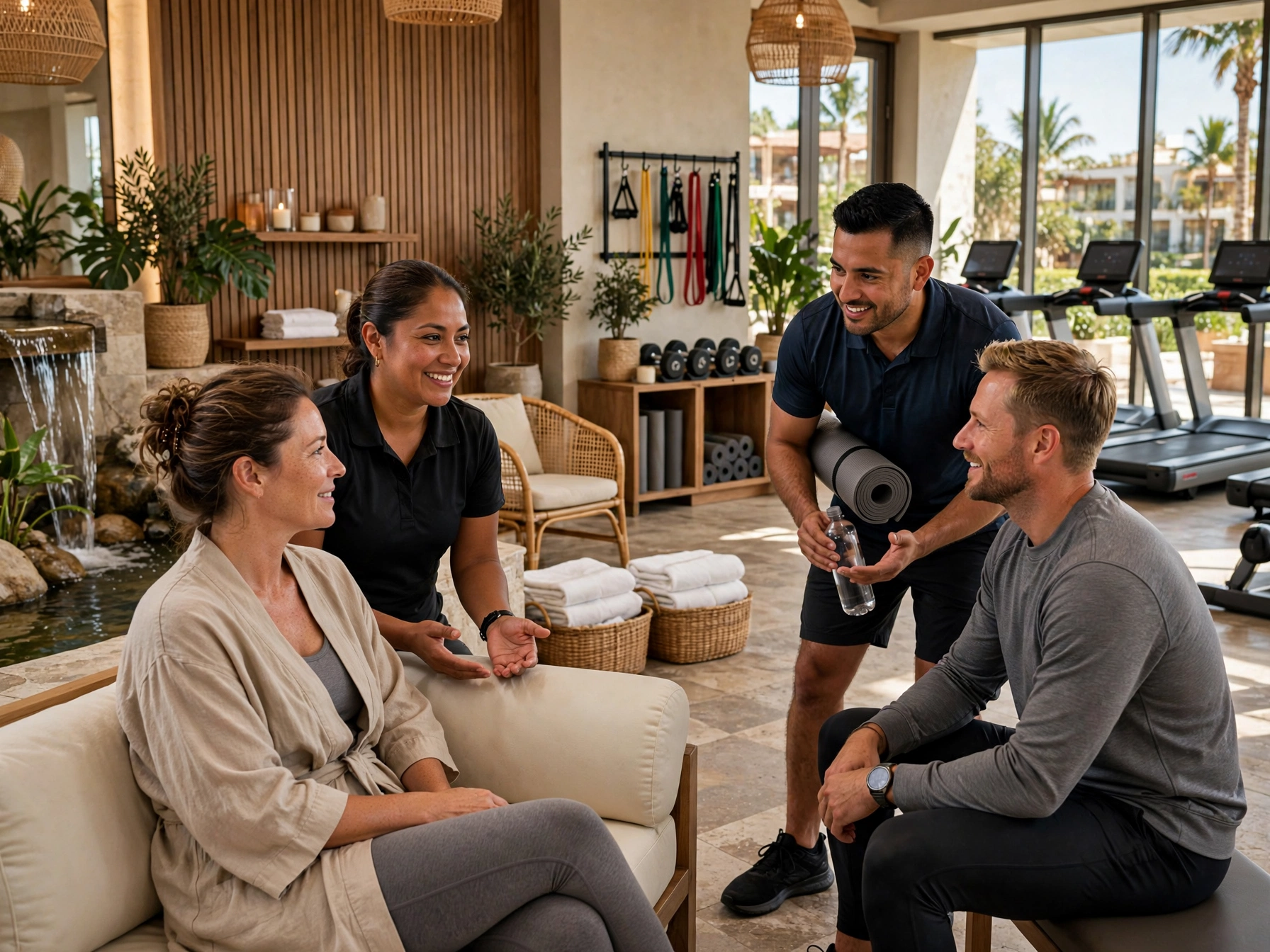 Dos colaboradores mexicanos del área de spa, recreación y gimnasio en un espacio de bienestar de hotel Marriott con cascada interior, plantas y caminadoras, una especialista en bata negra conversa con una huésped en bata beige y un entrenador personal sostiene un tapete de yoga y una botella de agua mientras atiende a un huésped en banca de ejercicio