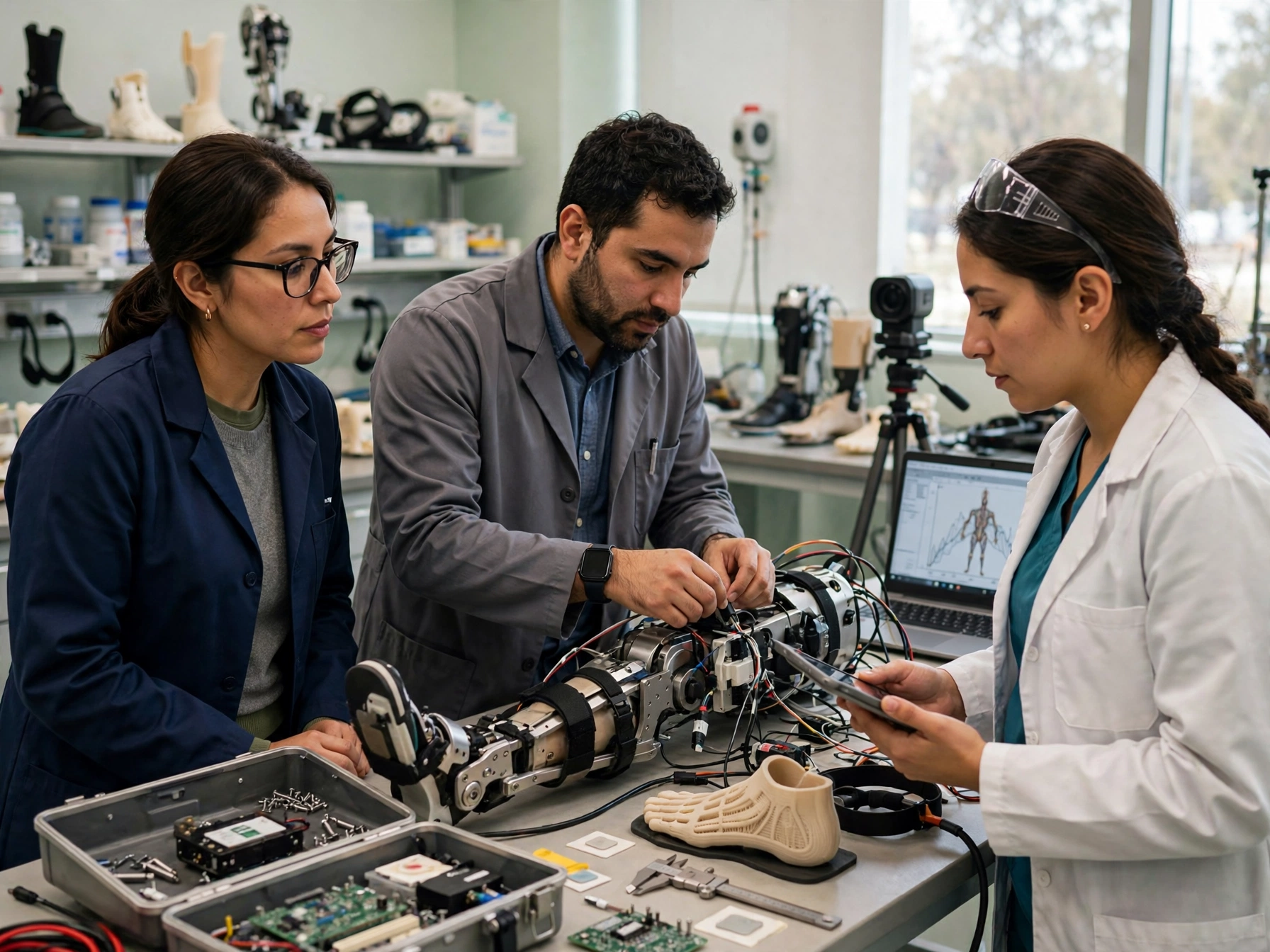 Tres ingenieros biomédicos mexicanos trabajando en laboratorio de tecnología del Teletón, ajustando una prótesis robótica de pierna con cables y circuitos, con laptop mostrando análisis de marcha, tableta, plantillas ortopédicas y herramientas sobre la mesa