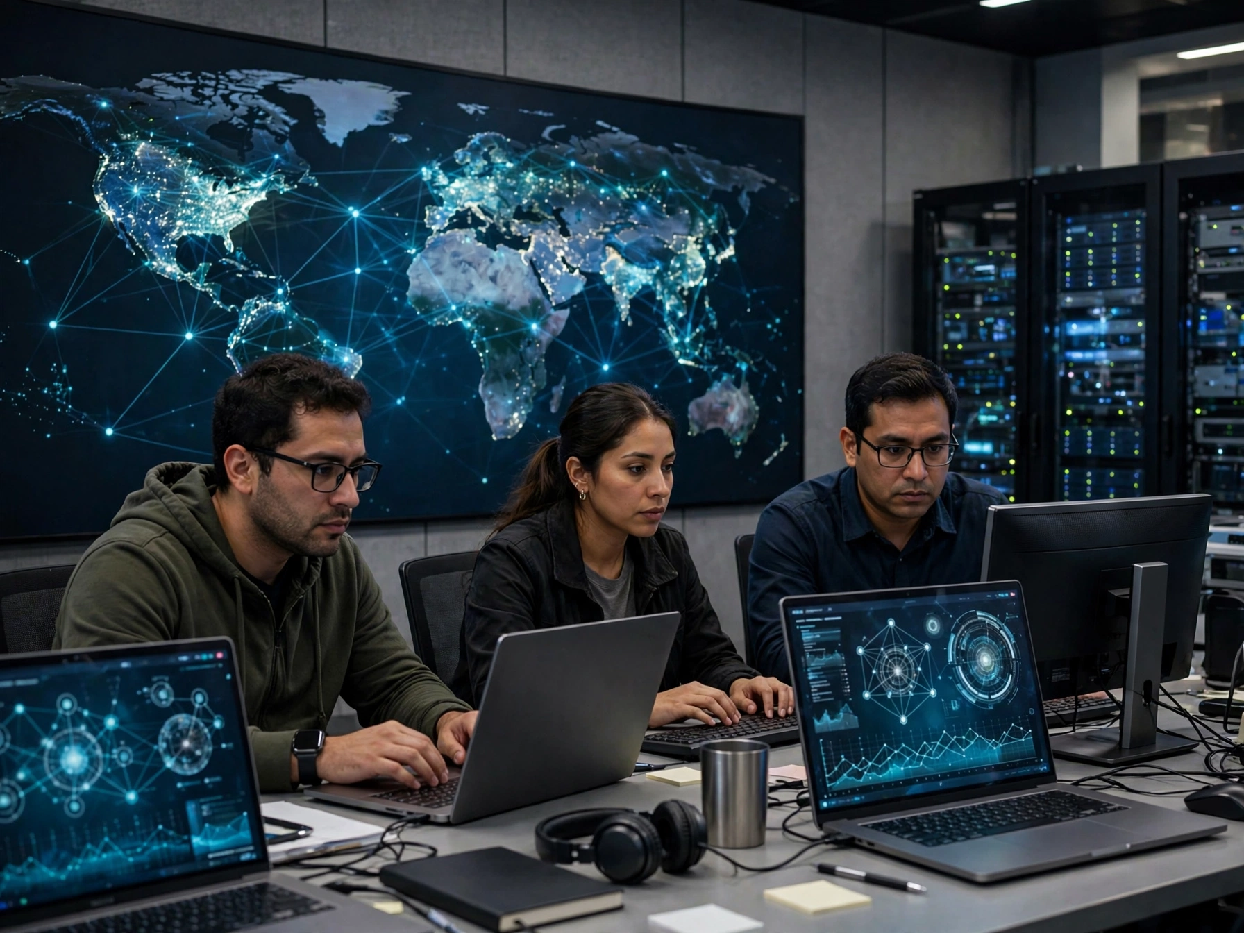 Tres especialistas mexicanos en tecnología y ciberseguridad trabajando en un centro de operaciones de DHL con laptops que muestran diagramas de red, gráficos y análisis de amenazas, al fondo un gran mapa mundial iluminado con nodos conectados y gabinetes de servidores con luces led