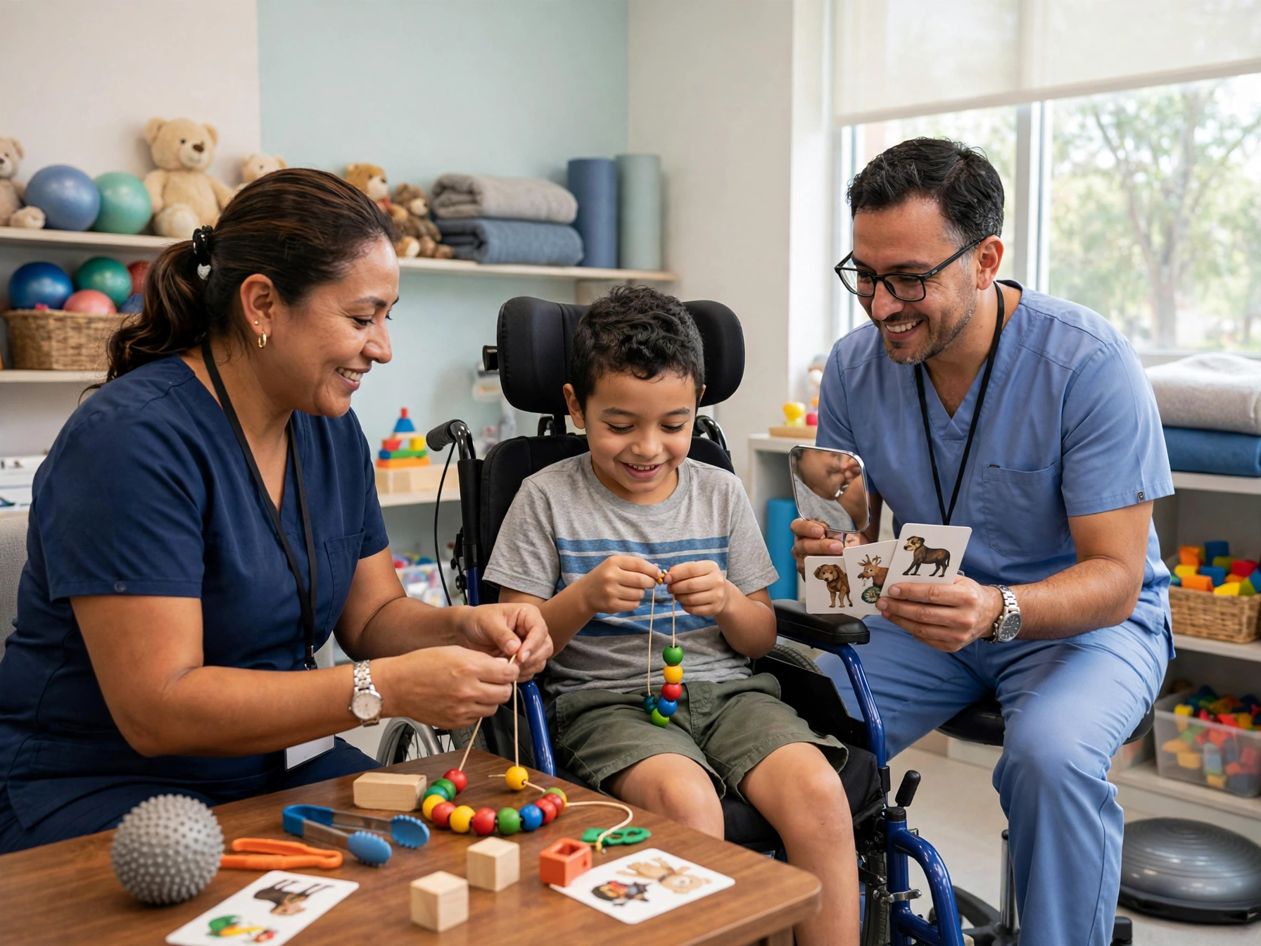 Terapeuta ocupacional y terapeuta de lenguaje mexicanos trabajando juntos con un niño en silla de ruedas en el Teletón, ella apoyando motricidad fina con cuentas de colores y él mostrando tarjetas de animales con espejo, en sala con juguetes terapéuticos y pelotas de colores