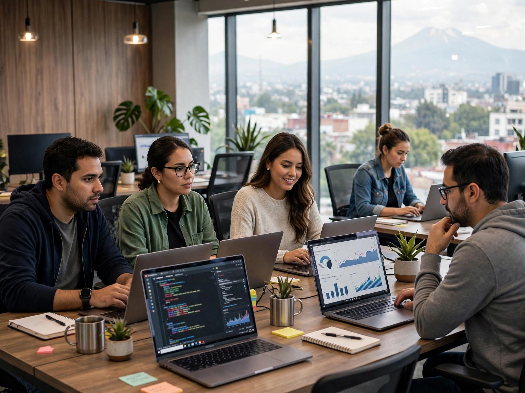 Trabajar en tecnología en Aeroméxico perfiles y vacantes, equipo mexicano de tecnología analizando dashboards y código en laptops en oficina moderna