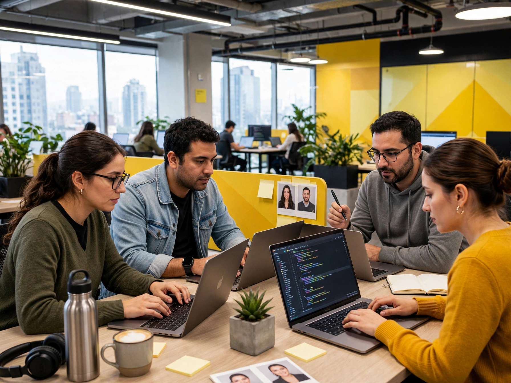 Cuatro personas colaborando alrededor de una mesa con laptops abiertas mostrando código, en una oficina moderna con paredes amarillas y ventanales