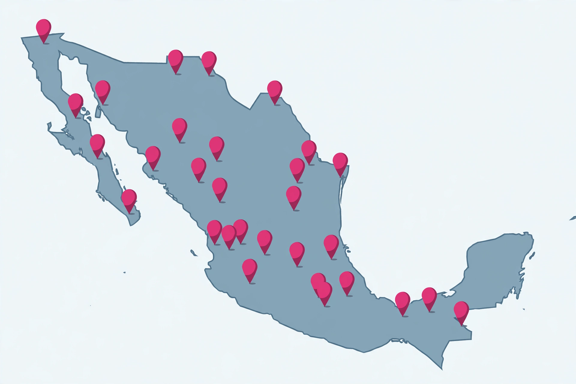 Mapa silueta de México en azul grisáceo con 33 pines color magenta distribuidos en todo el territorio marcando centros CRIT Teletón, desde Baja California hasta Yucatán, sobre fondo claro liso sin texto.