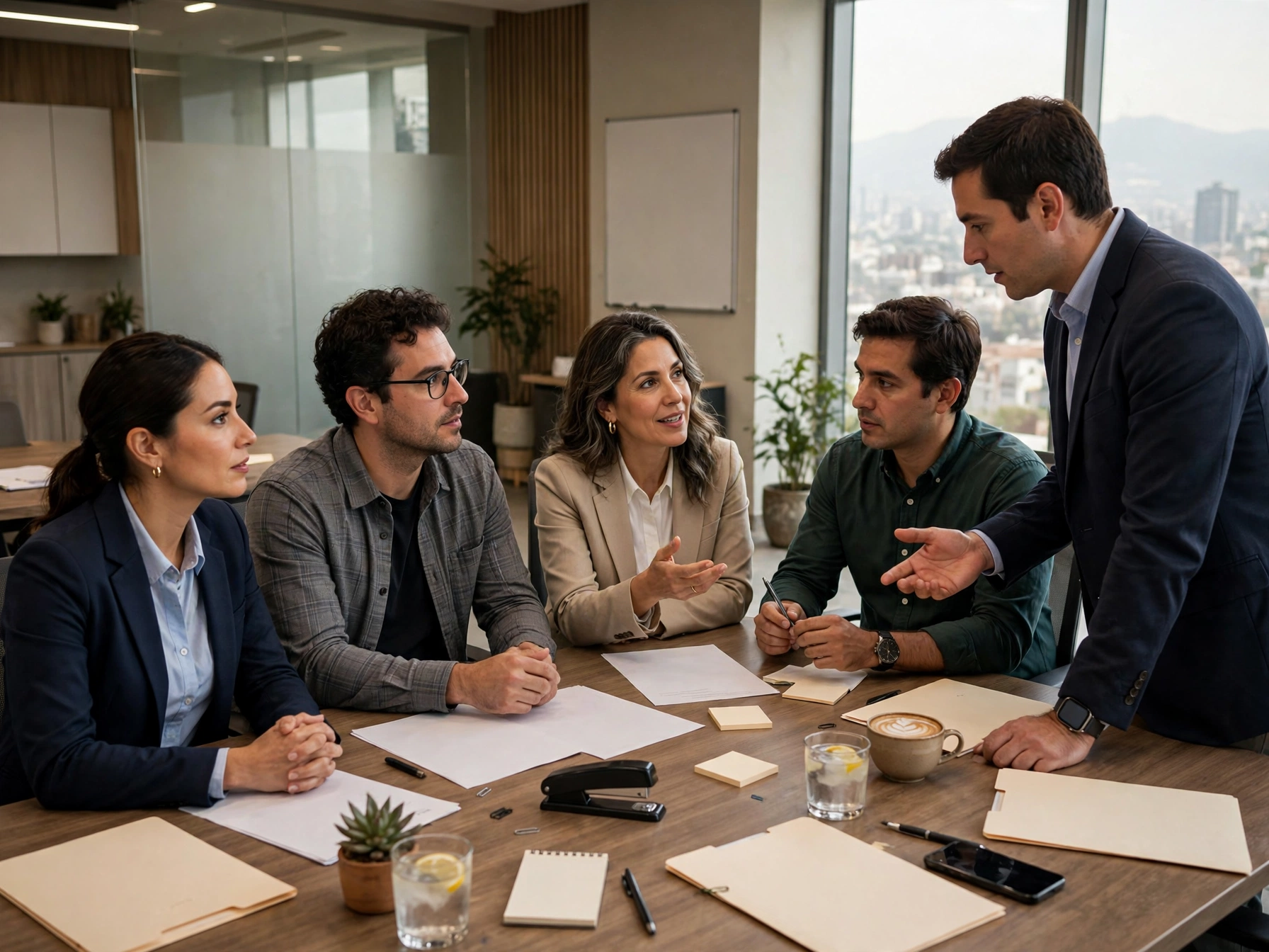 Cinco profesionales mexicanos alrededor de una mesa de juntas con papeles, carpetas y tazas, conversando en una oficina con vista a la ciudad