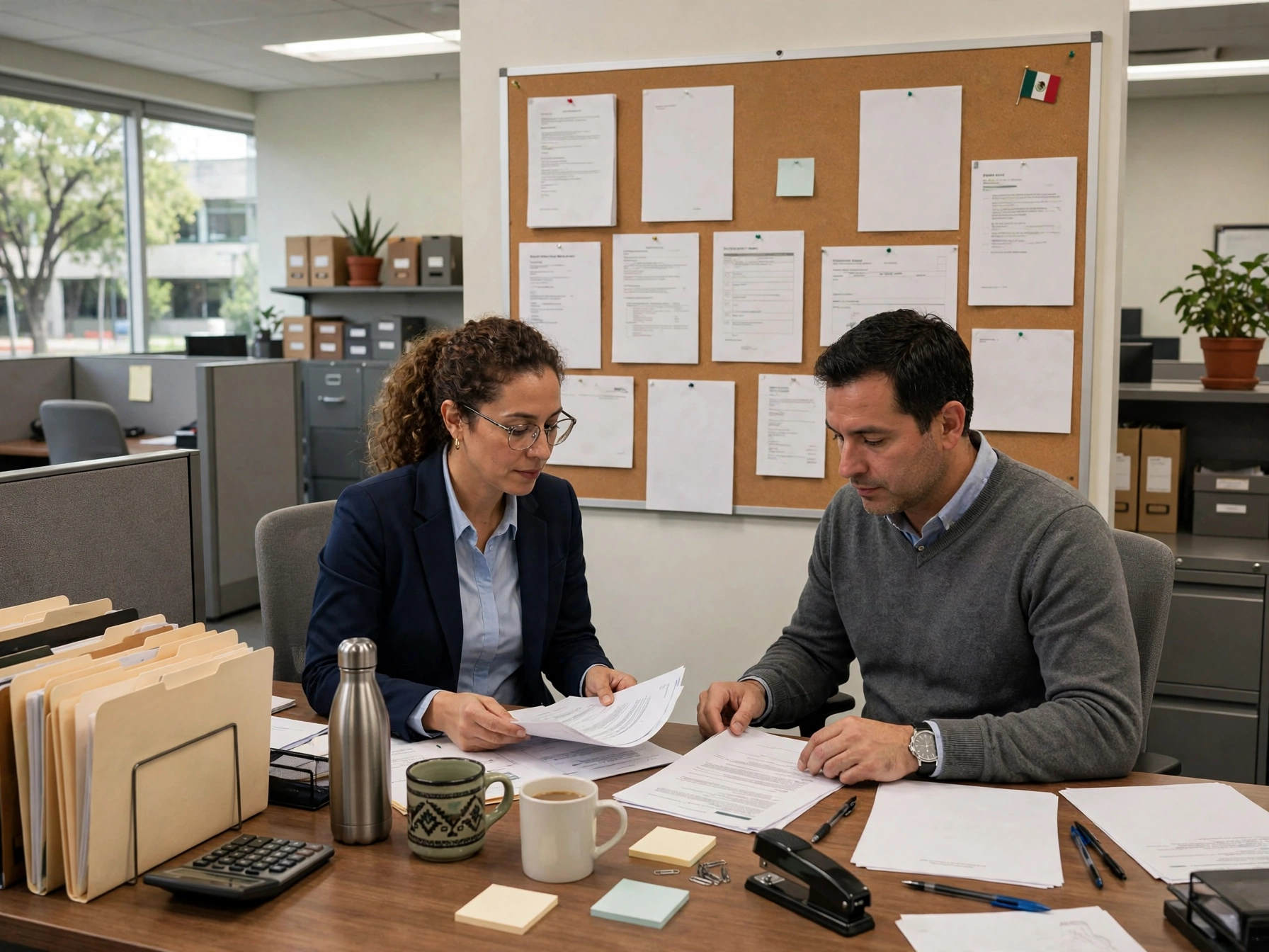 Dos administrativos mexicanos revisando documentos en oficina de UNITEC, mujer con blazer y hombre con suéter gris analizando papeles en escritorio con carpetas, calculadora, termos, tazas, tablero con documentos y banderita de México