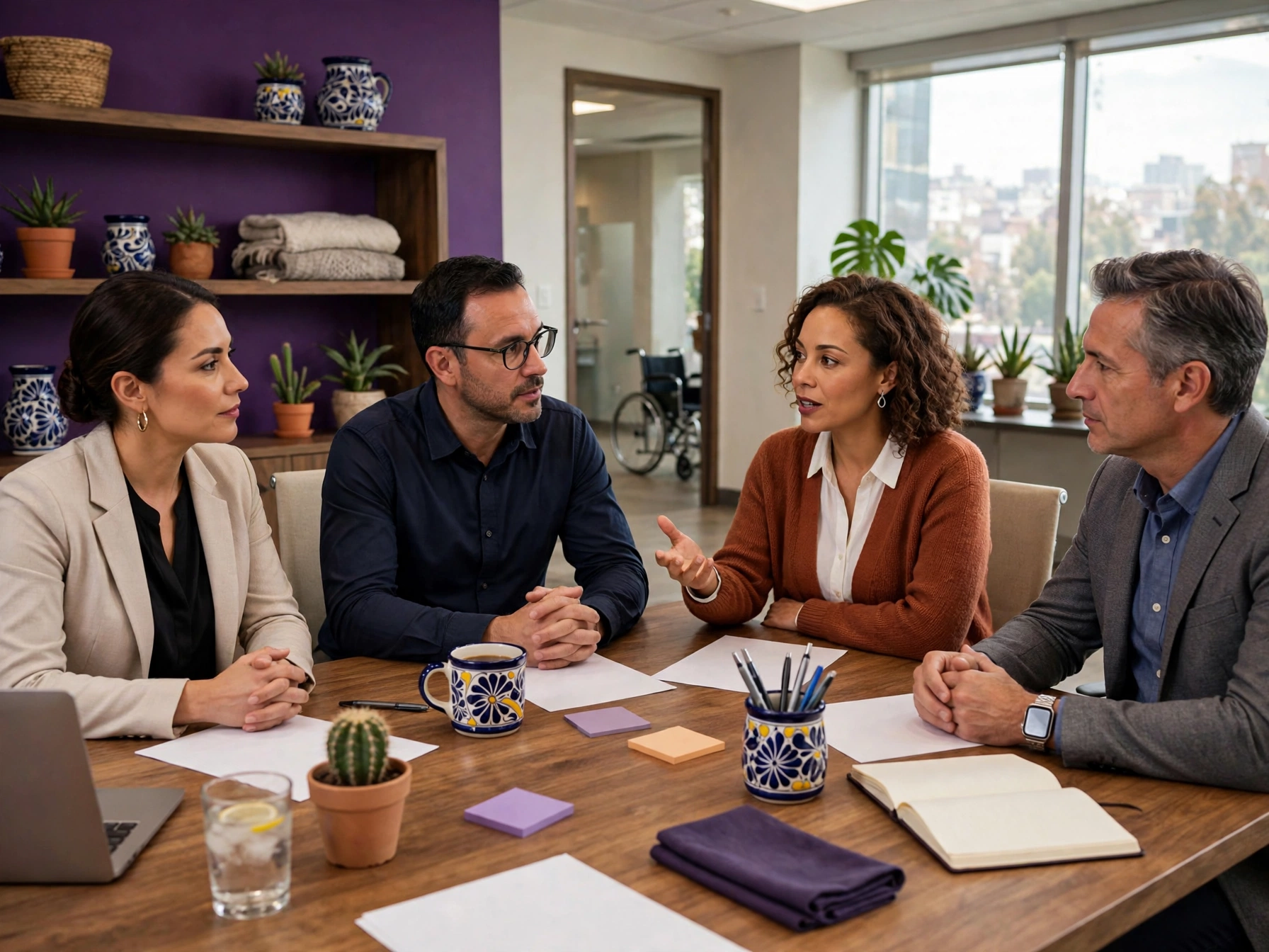 Equipo mexicano de Recursos Humanos y Cultura Organizacional del Teletón en reunión de trabajo, cuatro personas conversando alrededor de una mesa de madera con documentos, tazas artesanales, cactus y plantas, sala con pared morada y detalles de talavera
