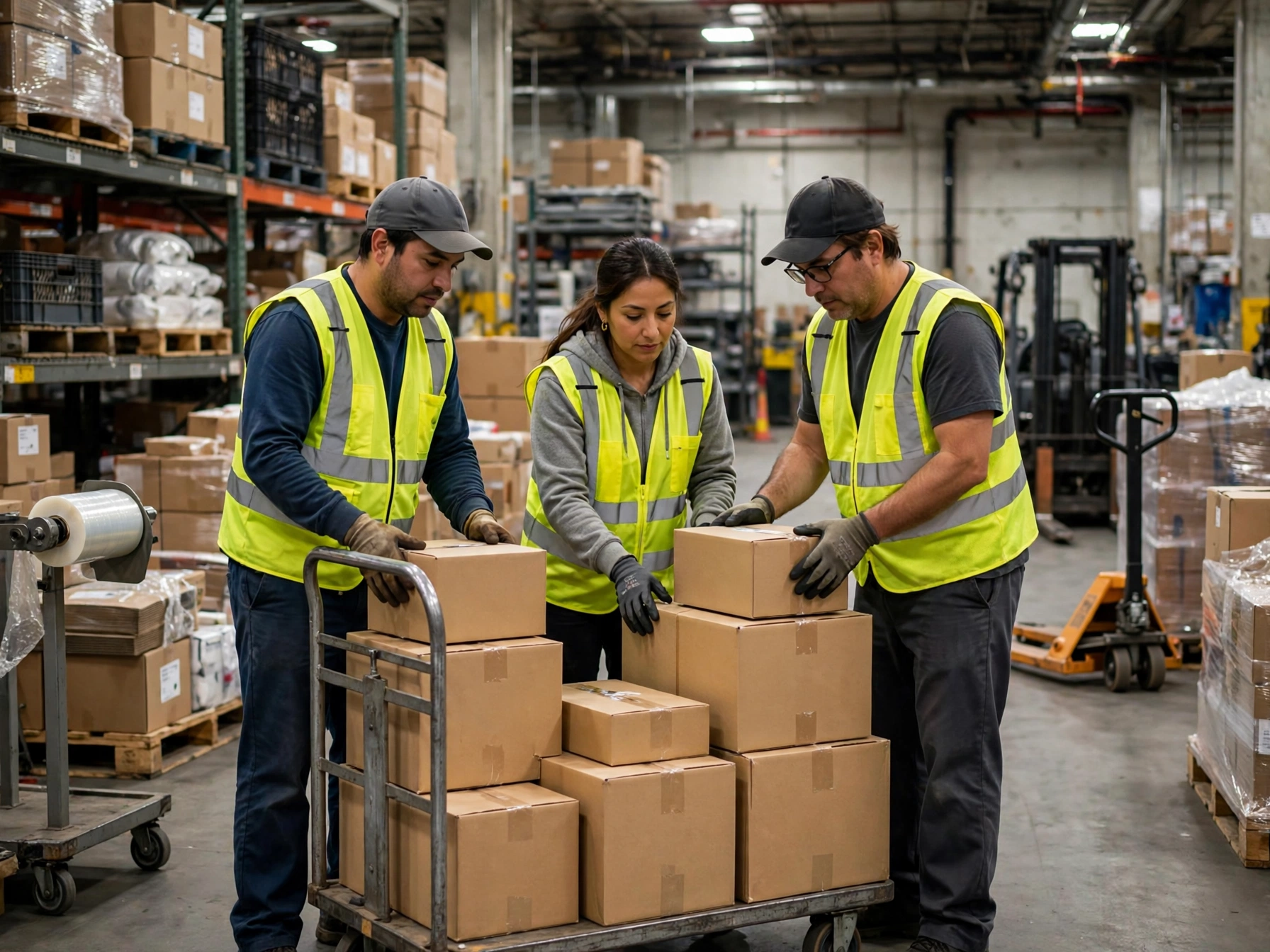 Tres trabajadores mexicanos con chaleco amarillo reflectante apilando cajas de cartón en carrito de almacén, con racks, tarimas y montacargas al fondo en bodega industrial iluminada