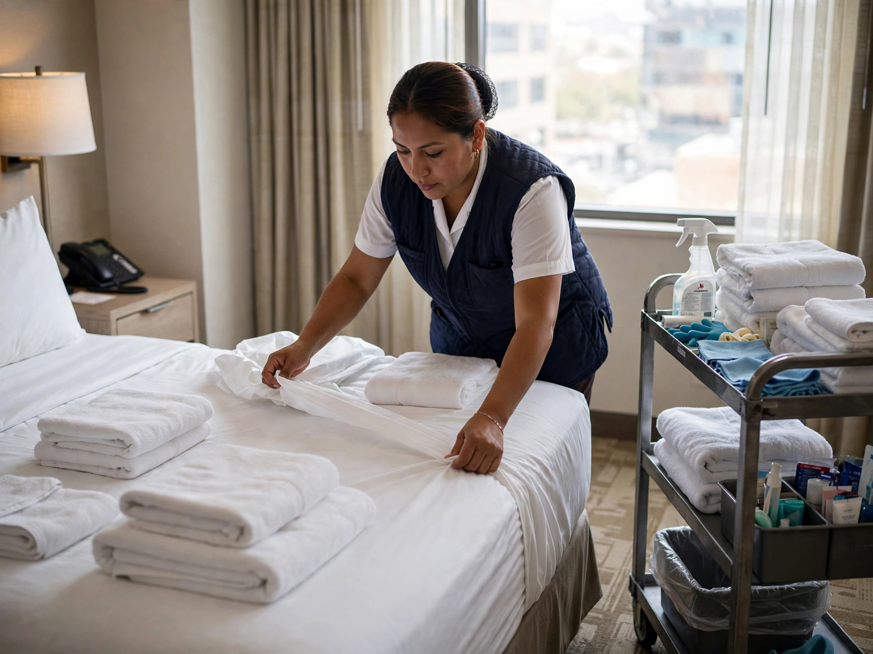 Camarista mexicana con chaleco azul marino haciendo cama con sábanas blancas impecables en habitación iluminada, a un lado carrito con toallas dobladas y productos de limpieza