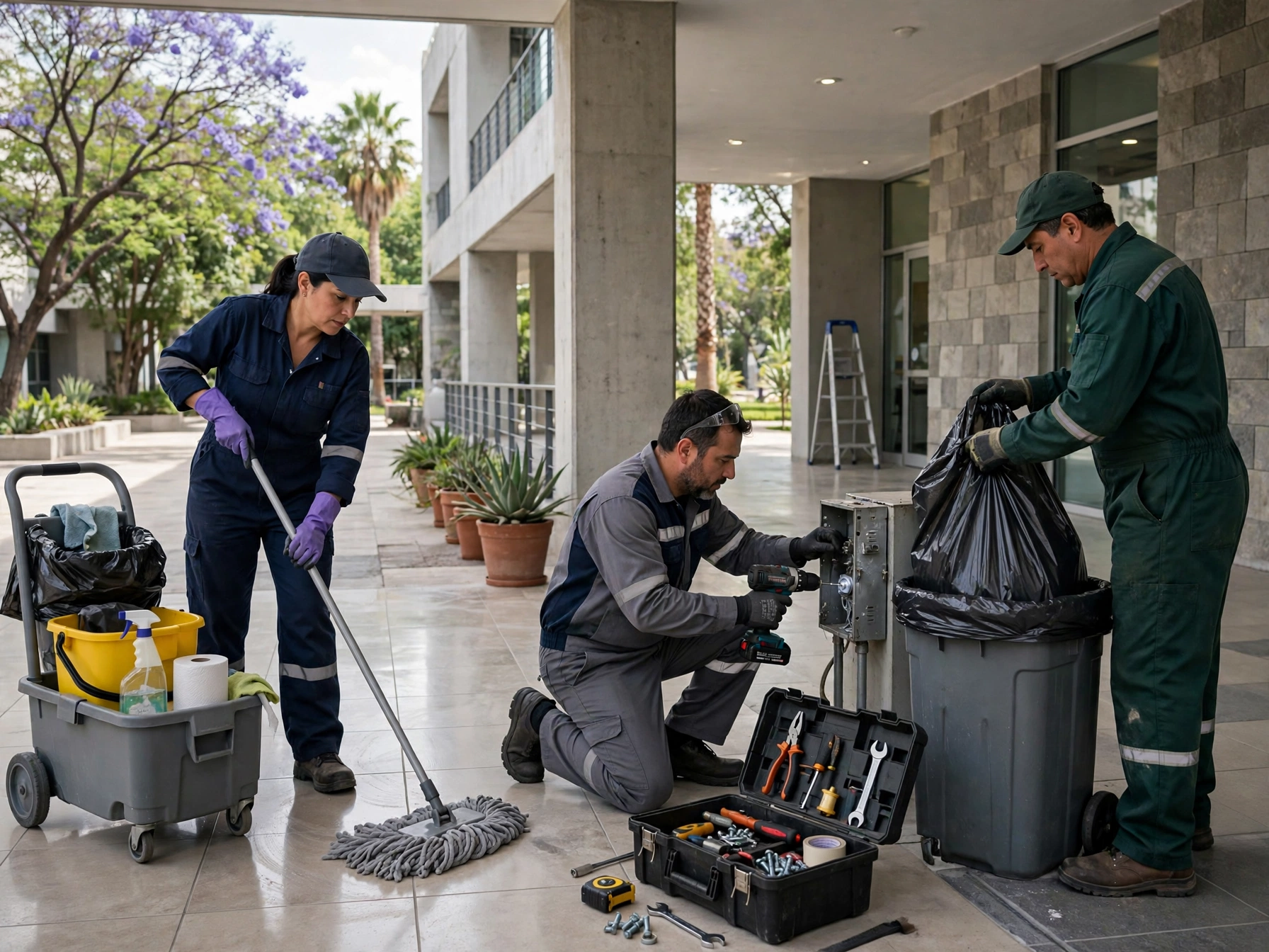 Personal mexicano de limpieza y mantenimiento en UNITEC trabajando en pasillo universitario, mujer trapeando con carrito de limpieza, técnico reparando caja eléctrica con taladro y caja de herramientas, y hombre cambiando bolsa de basura en campus con jacarandas