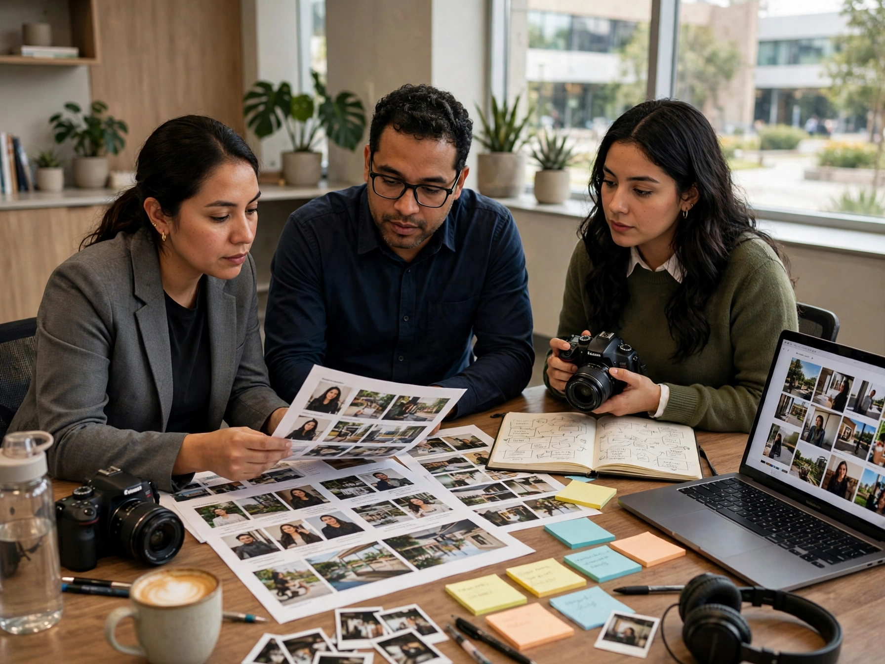 Equipo mexicano de marketing y promoción de UNITEC revisando campaña universitaria, tres colaboradores con cámaras fotográficas, pruebas de impresión con fotos de campus, laptop con galería de imágenes y notas adhesivas en mesa