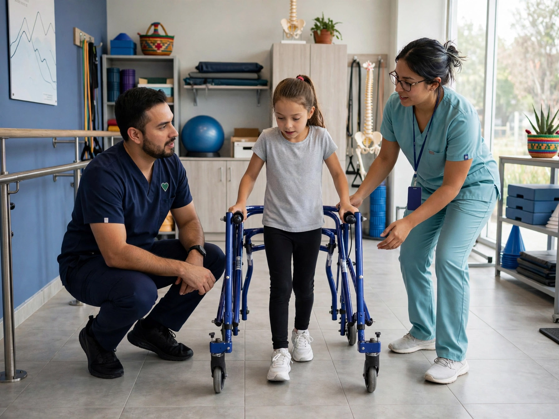 Dos fisioterapeutas mexicanos ayudando a una niña a caminar con andadera en una sala de rehabilitación luminosa del Teletón, con barras paralelas, pelota terapéutica, modelo de columna vertebral y materiales de terapia al fondo