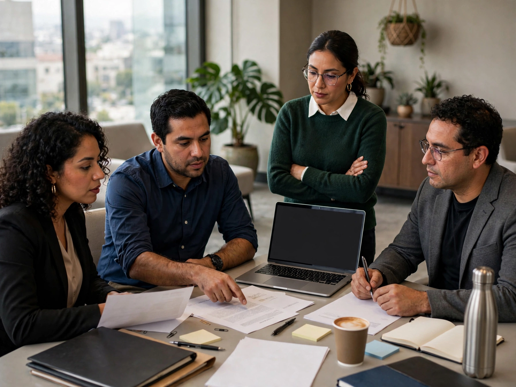 Equipo mexicano de cuatro profesionales de ventas hoteleras reunidos alrededor de una mesa de oficina luminosa en un hotel Marriott, revisando contratos impresos y una laptop, discutiendo metas de cuentas corporativas y grupos, con documentos, notas adhesivas, café y cuadernos sobre la mesa