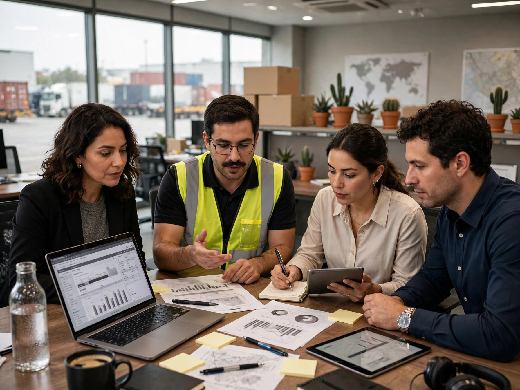 Cuatro profesionales mexicanos del área de ventas y desarrollo de negocios en una sala de reuniones de centro logístico DHL revisando metas de cuentas corporativas, con laptop mostrando gráficos de ventas, tabletas, reportes impresos con barras y diagramas, notas adhesivas y ventanales con camiones de carga y mapa mundial al fondo