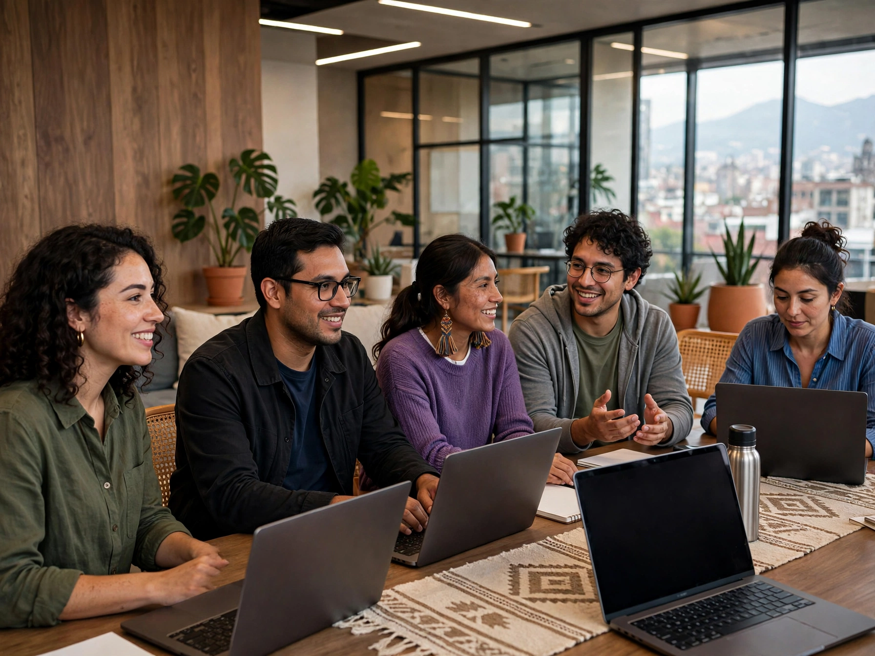 Equipo diverso mexicano de Nu México trabajando en oficina moderna de Polanco, cinco colaboradores sonriendo alrededor de laptops en mesa con decoración de plantas y textiles artesanales, vista a la ciudad