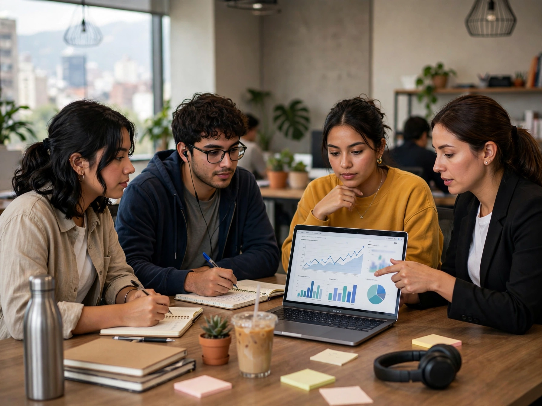 Prácticas profesionales en Nu México, programa de becarios, mentora mexicana explicando dashboard a tres becarios tomando apuntes en oficina con vista a la ciudad