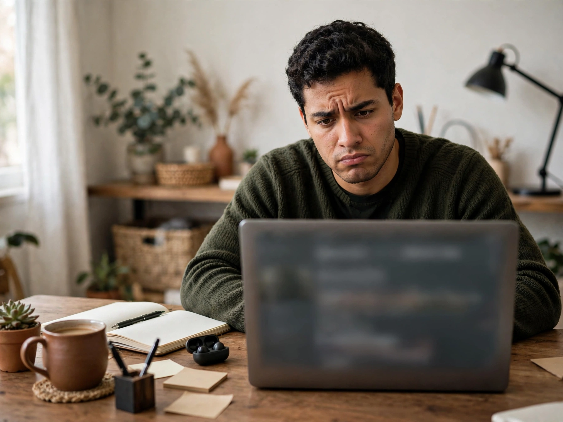 oven profesionista mexicano con expresion de duda frente a laptop buscando empleo