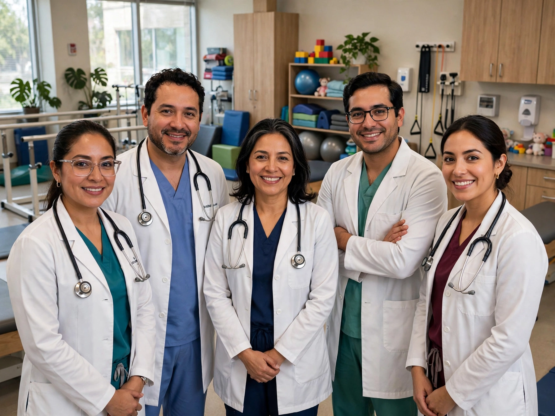 Cinco médicos mexicanos especialistas con batas blancas y estetoscopios posando sonrientes en una sala de rehabilitación infantil con camillas, pelotas terapéuticas, barras paralelas y juguetes coloridos al fondo, representando al equipo médico de Teletón