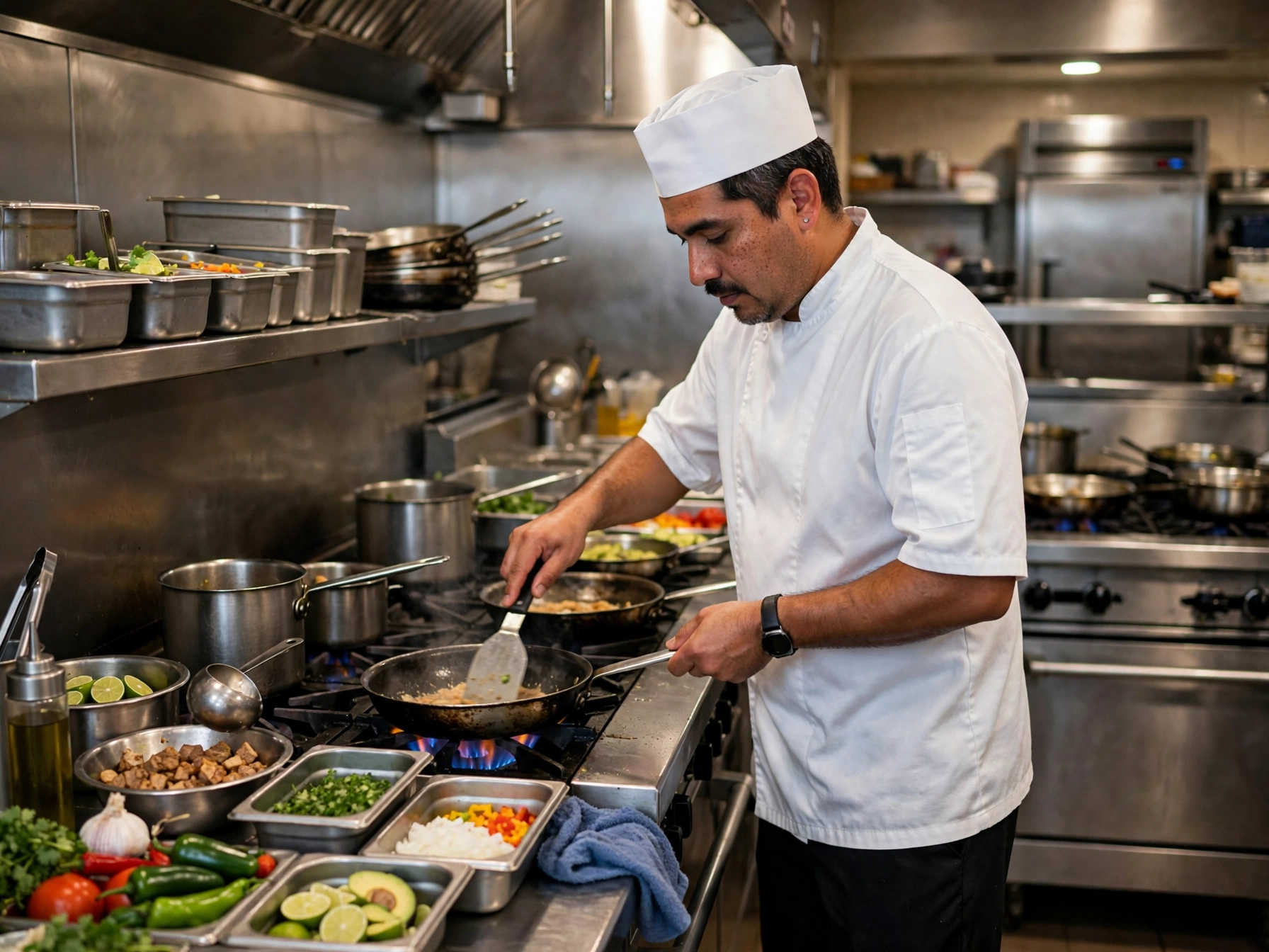 Chef mexicano con filipina y gorro blanco cocinando en sartén sobre fuego de cocina profesional, con mis en place de chiles, aguacate, cilantro y carnes picadas