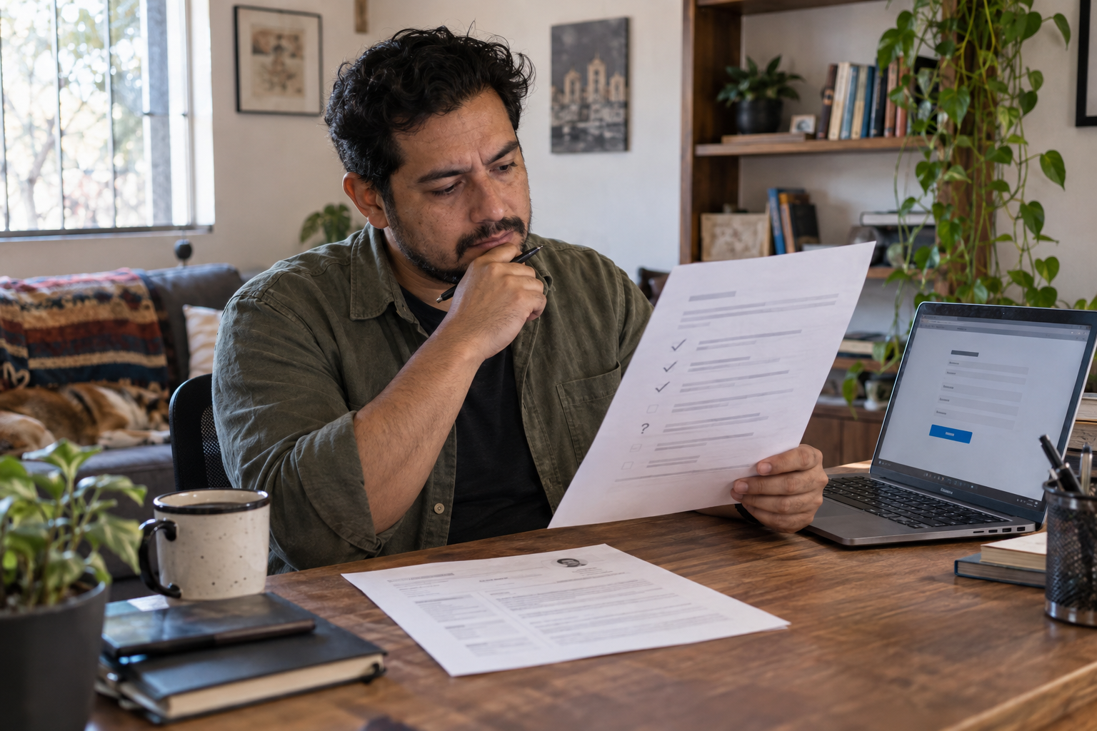 Hombre compara su currículum con los requisitos de una vacante antes de decidir si envía su postulación.