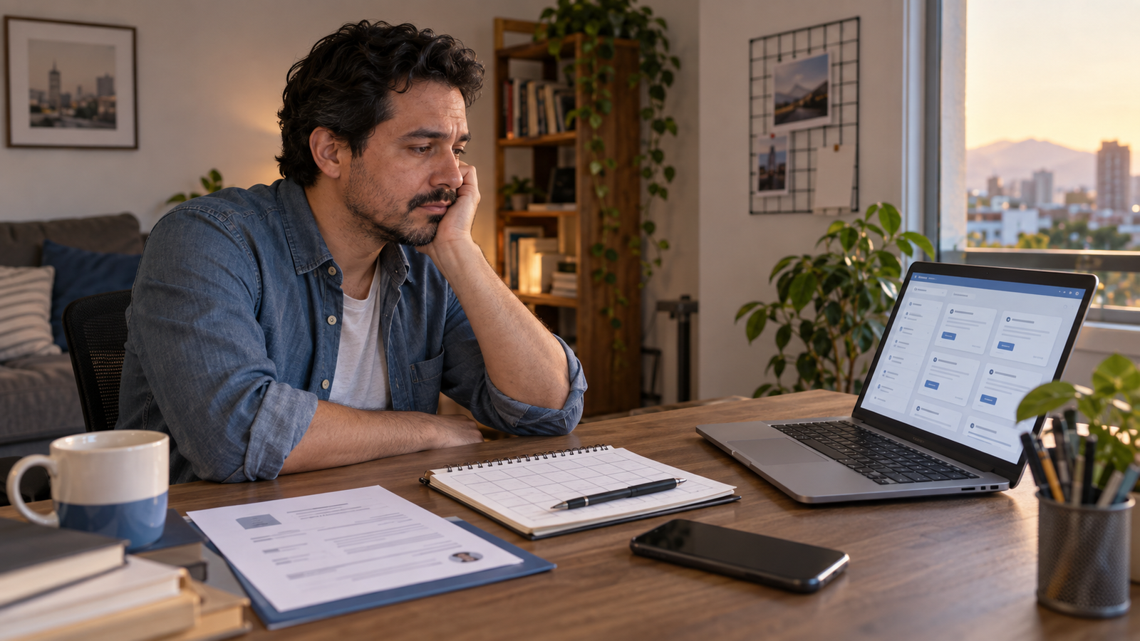 Hombre latino revisa vacantes de empleo en su computadora junto a un currículum y un registro de postulaciones al final de la tarde.