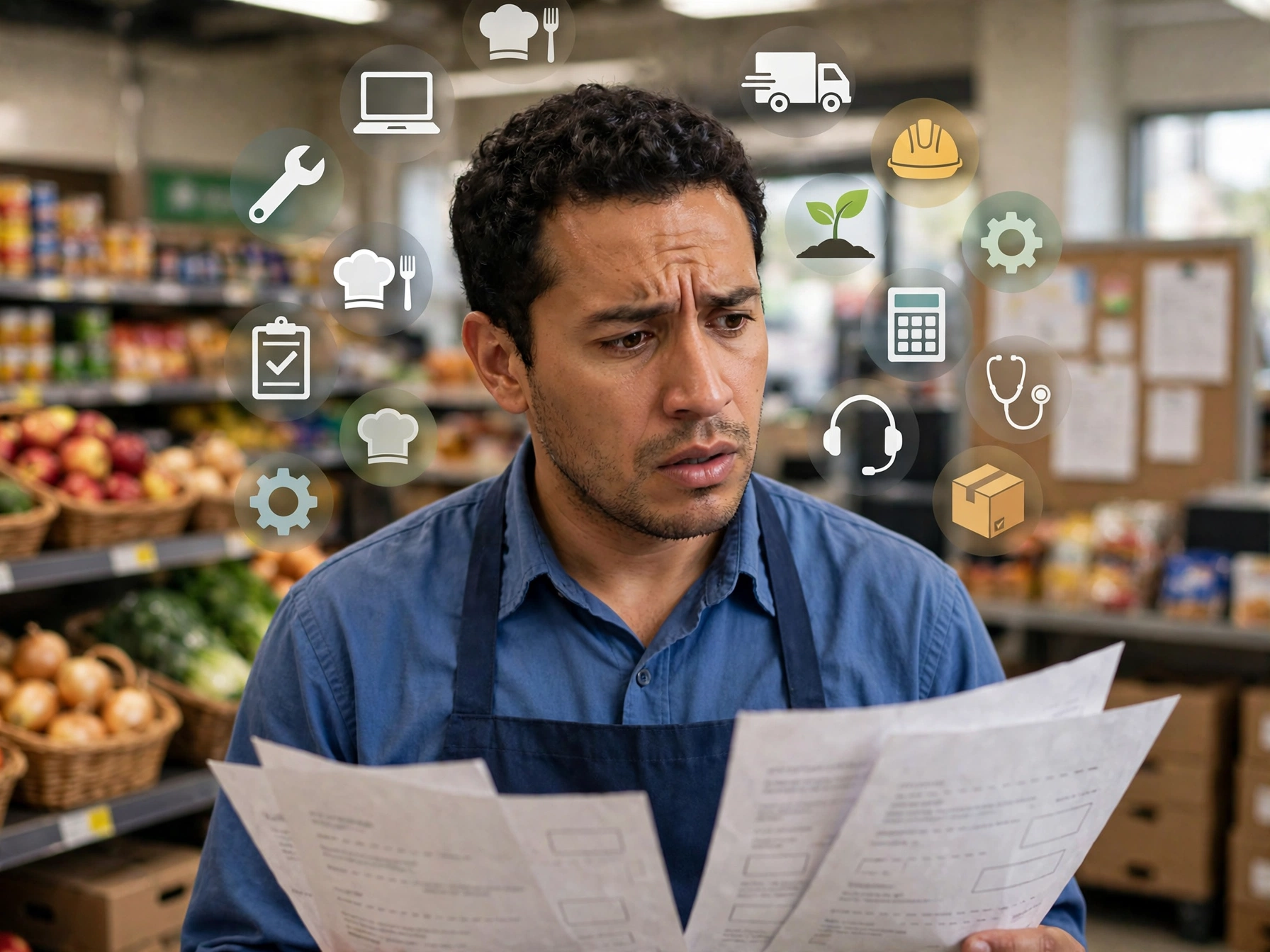 Trabajador mexicano con mandil en pasillo de supermercado sosteniendo papeles de currículum con expresión de confusión, rodeado de iconos flotantes de habilidades como cocina, logística, mantenimiento, atención al cliente y cálculo, representando que su experiencia no coincide con el nombre formal del puesto