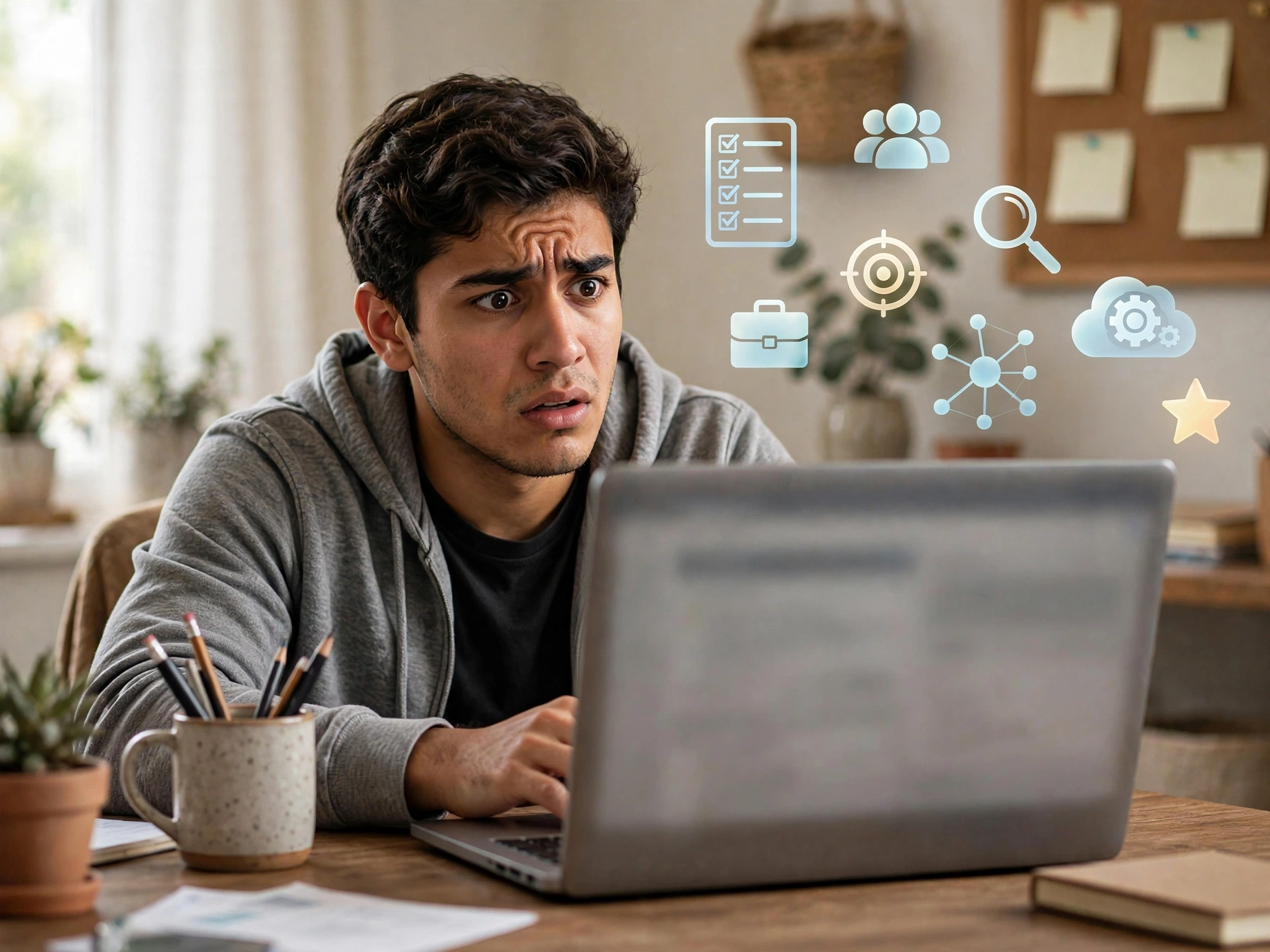 Joven mexicano confundido frente a laptop en escritorio de casa, con ceño fruncido y boca entreabierta, rodeado de iconos flotantes de reclutamiento como checklist, lupa, grupo de personas y engranes, representando confusión por anglicismos en vacantes como recruiter, screening y shortlist