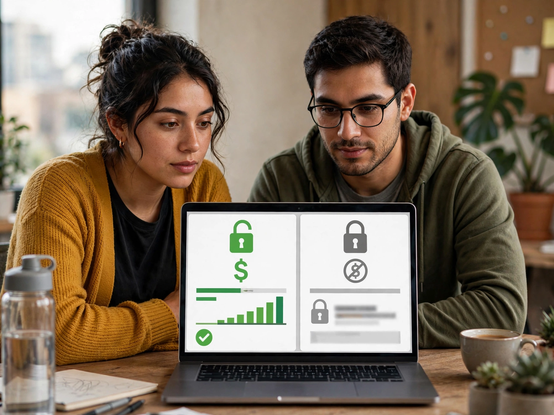 Dos jóvenes mexicanos revisando laptop con comparativa de vacantes, una con icono de candado abierto y símbolo de sueldo visible con gráfica de crecimiento y palomita, y otra con candado cerrado y símbolo de sueldo tachado, representando transparencia salarial en ofertas de empleo