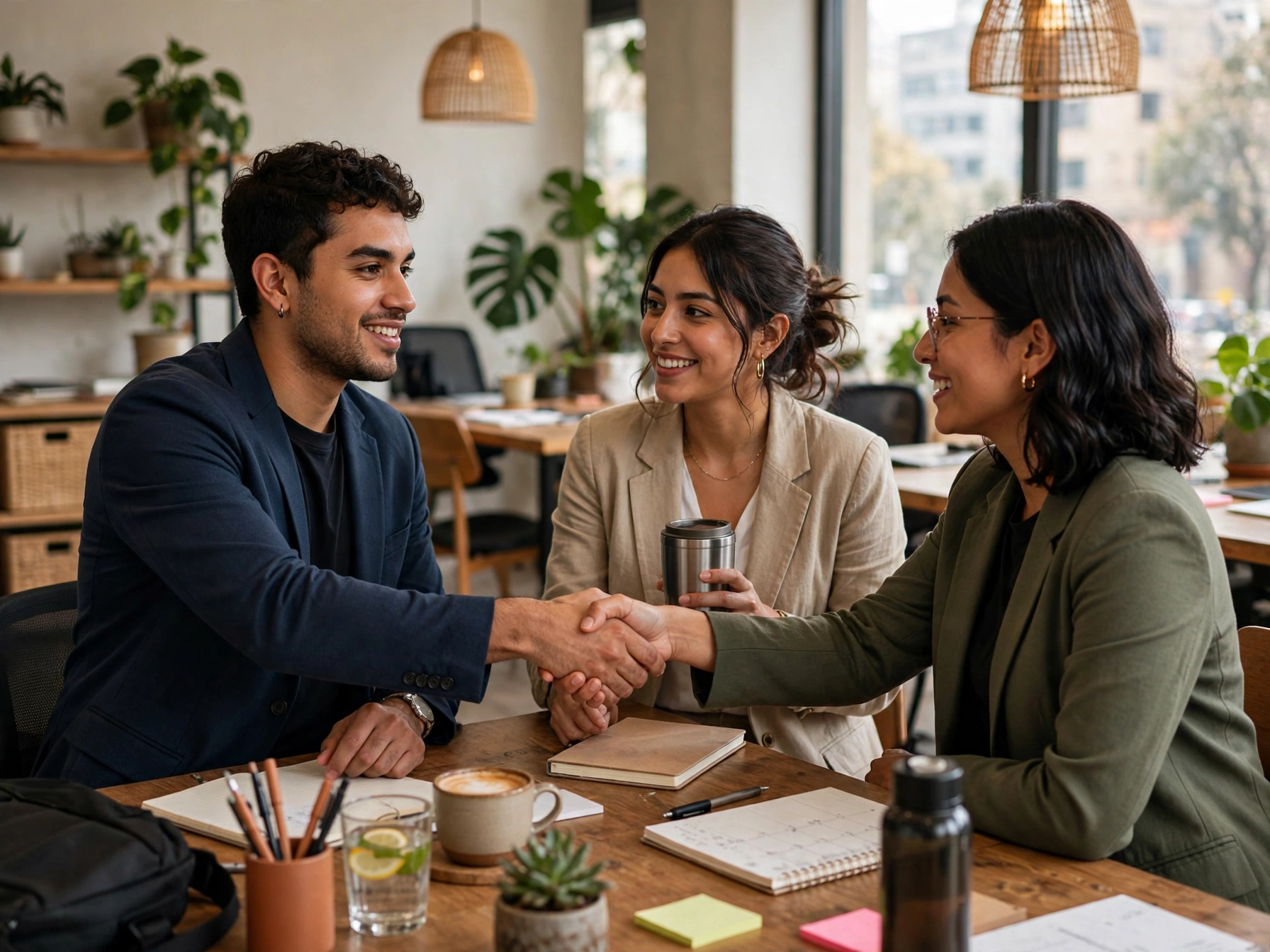 Tres jóvenes profesionistas mexicanos sonriendo y estrechando manos alrededor de mesa en espacio de coworking con cafés y libretas, representando la importancia de saber relacionarse y hacer networking para conseguir trabajo