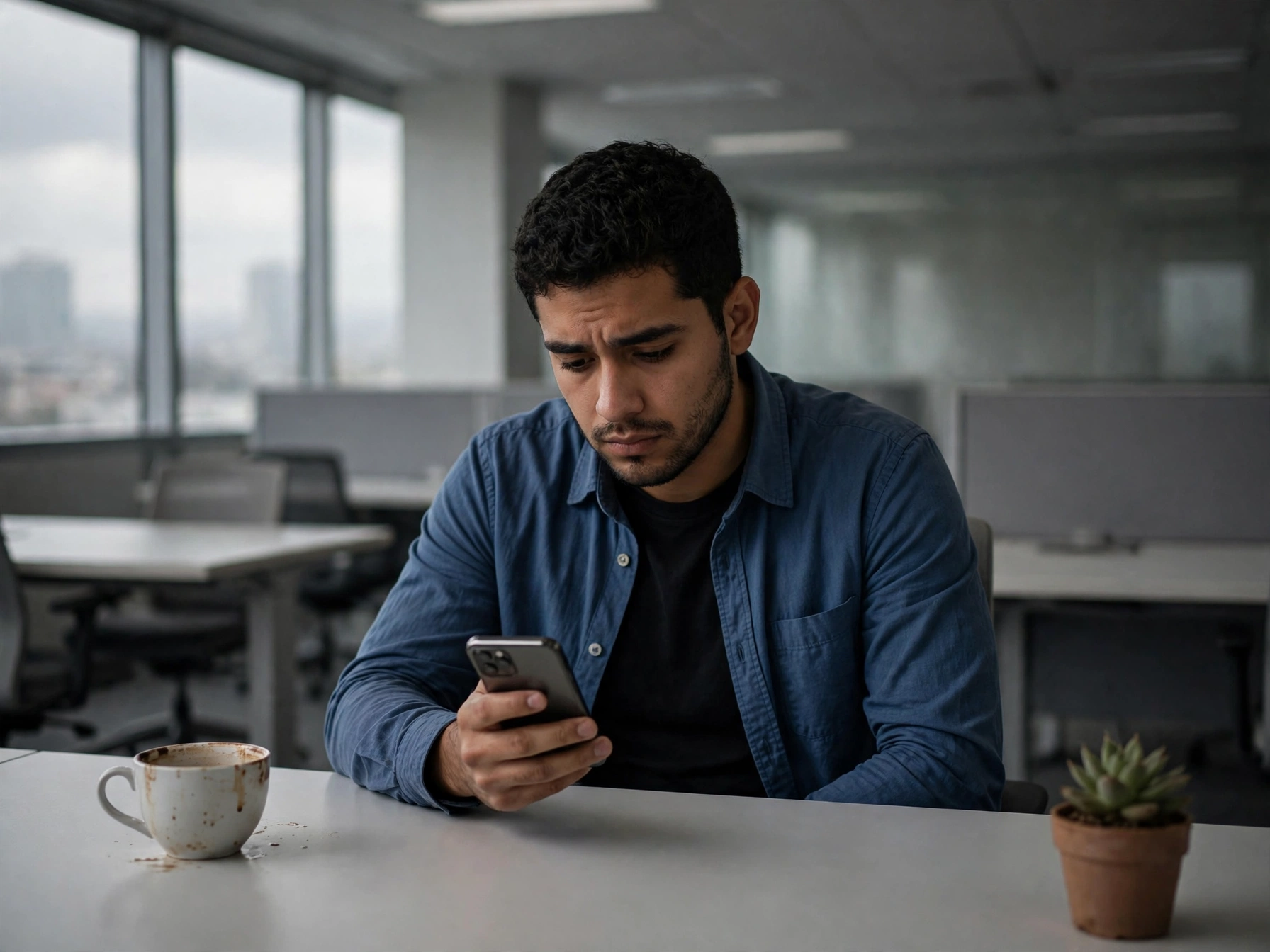 Joven profesional mexicano sentado solo en escritorio de oficina vacía mirando con preocupación su celular sin recibir respuesta, con taza de café vacía, representando ghosting laboral y falta de comunicación del reclutador